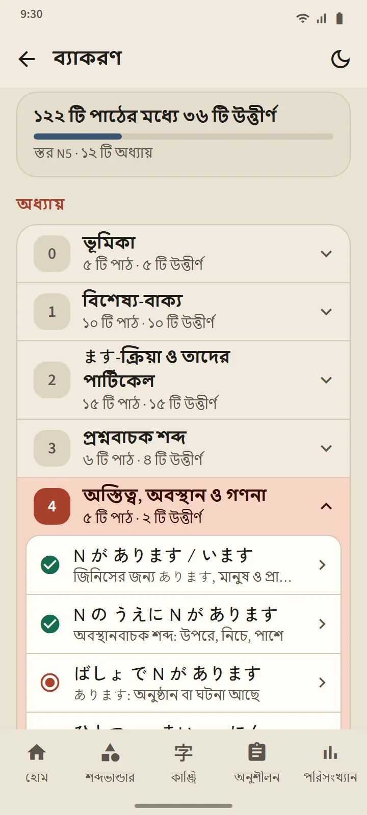 ব্যাকরণ পাতা: উত্তীর্ণ পাঠের সারাংশ এবং প্রতিটি পাঠের অবস্থাসহ অধ্যায়ের তালিকা