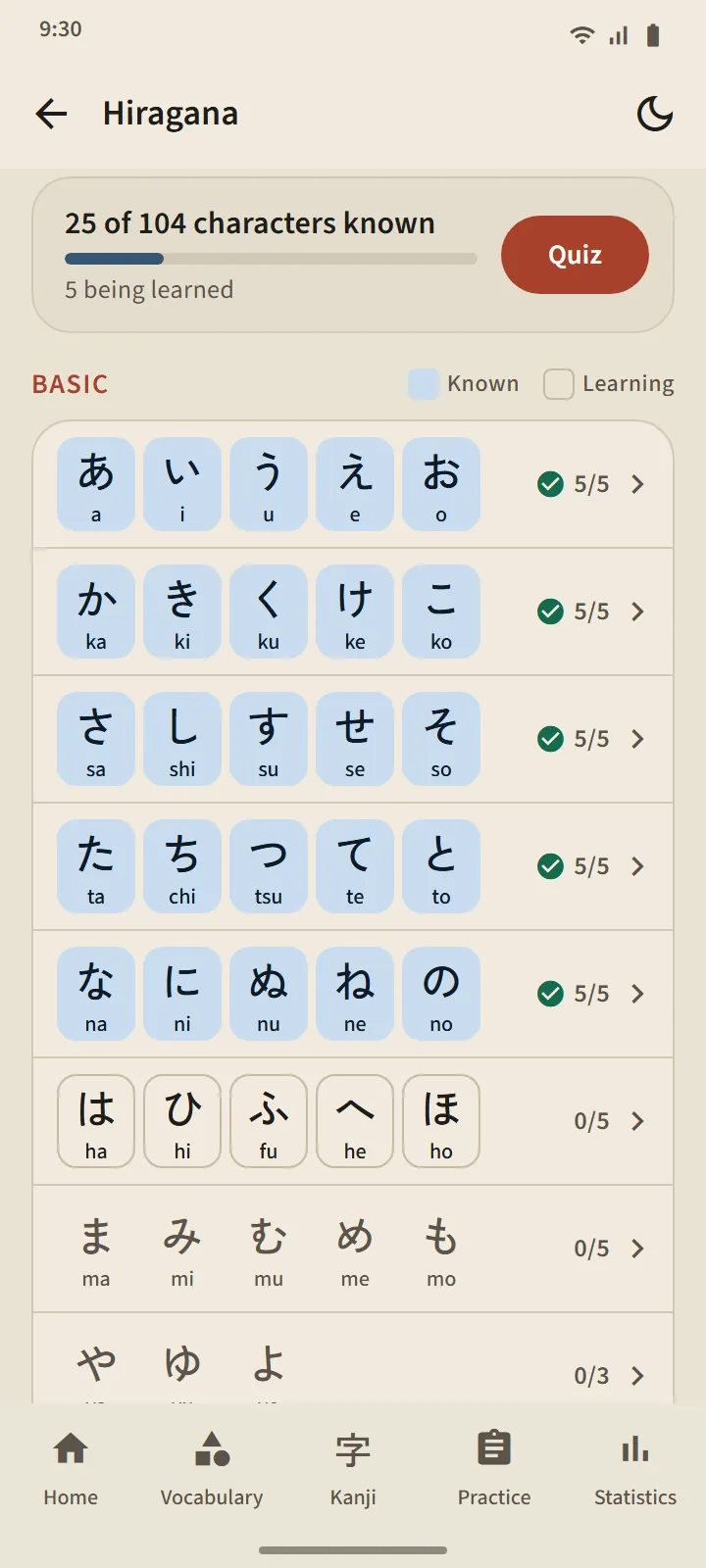 Hiragana page: summary of known characters and the character table by row, filled cells for known characters