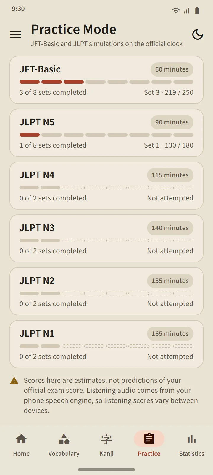 Practice tab: six level cards from JFT-Basic 60 minutes to JLPT N1 165 minutes, with sets completed