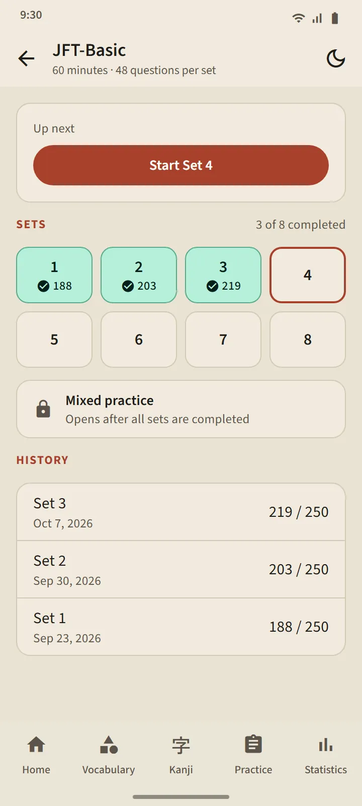 The JFT-Basic level page: start-next-set button, eight set tiles, mixed practice, and history