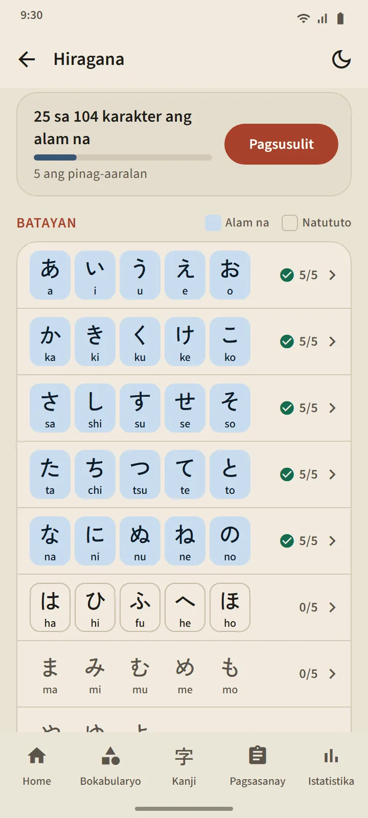 Pahina ng hiragana: buod ng mga alam nang karakter at ang talaan ng karakter ayon sa hanay, may kulay ang mga cell ng mga alam nang karakter