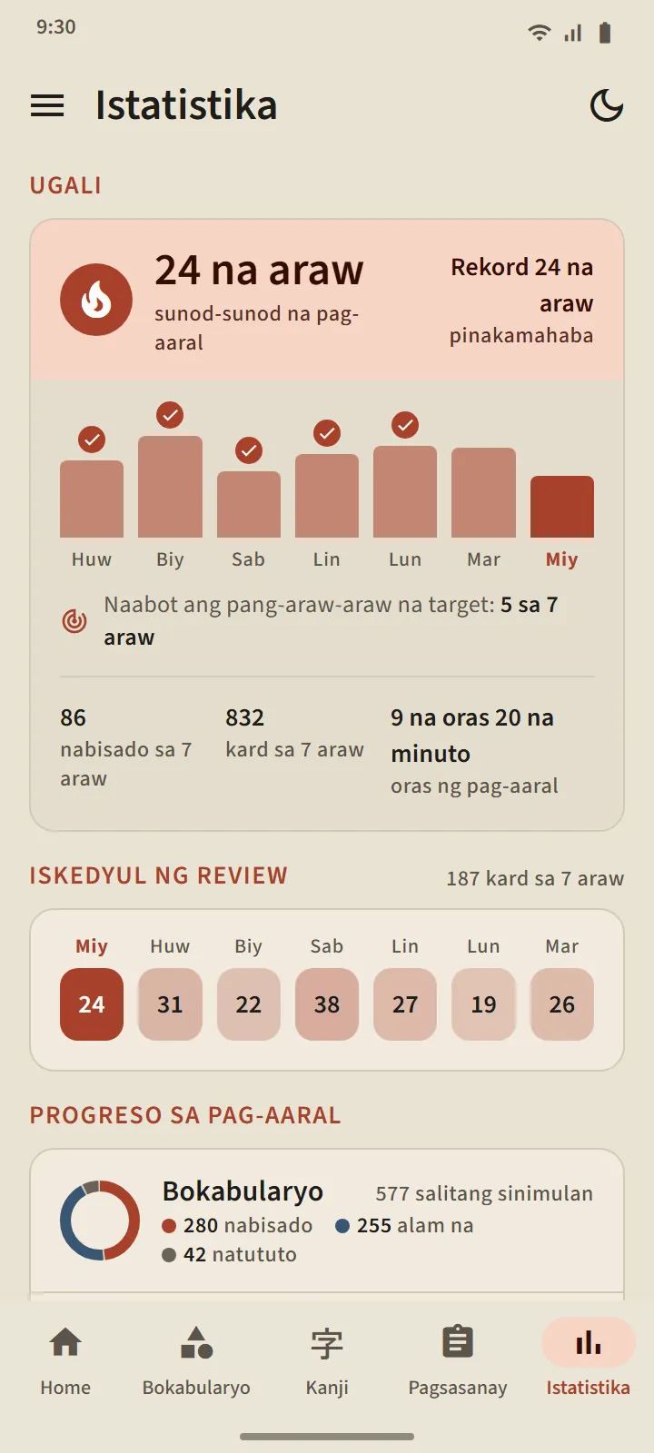 Tab na Istatistika: sunod-sunod na araw ng pag-aaral, mga bar ng pitong araw, iskedyul ng review, at ang alam nang bokabularyo at kanji
