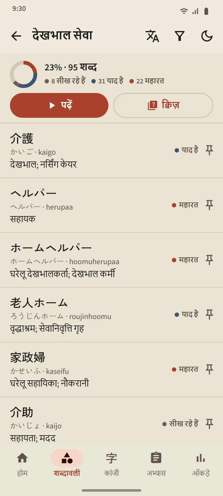 बुज़ुर्गों की देखभाल का सेट: प्रगति रिंग, पढ़ें और क्विज़ बटन, और सीख रहे हैं, याद है या महारत की स्थिति के साथ शब्द सूची
