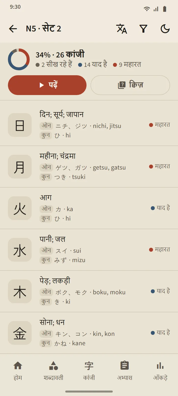 N5 का एक कांजी सेट: प्रगति रिंग, पढ़ें और क्विज़ बटन, और अर्थ, On व Kun पठन और चरण के साथ कांजी सूची