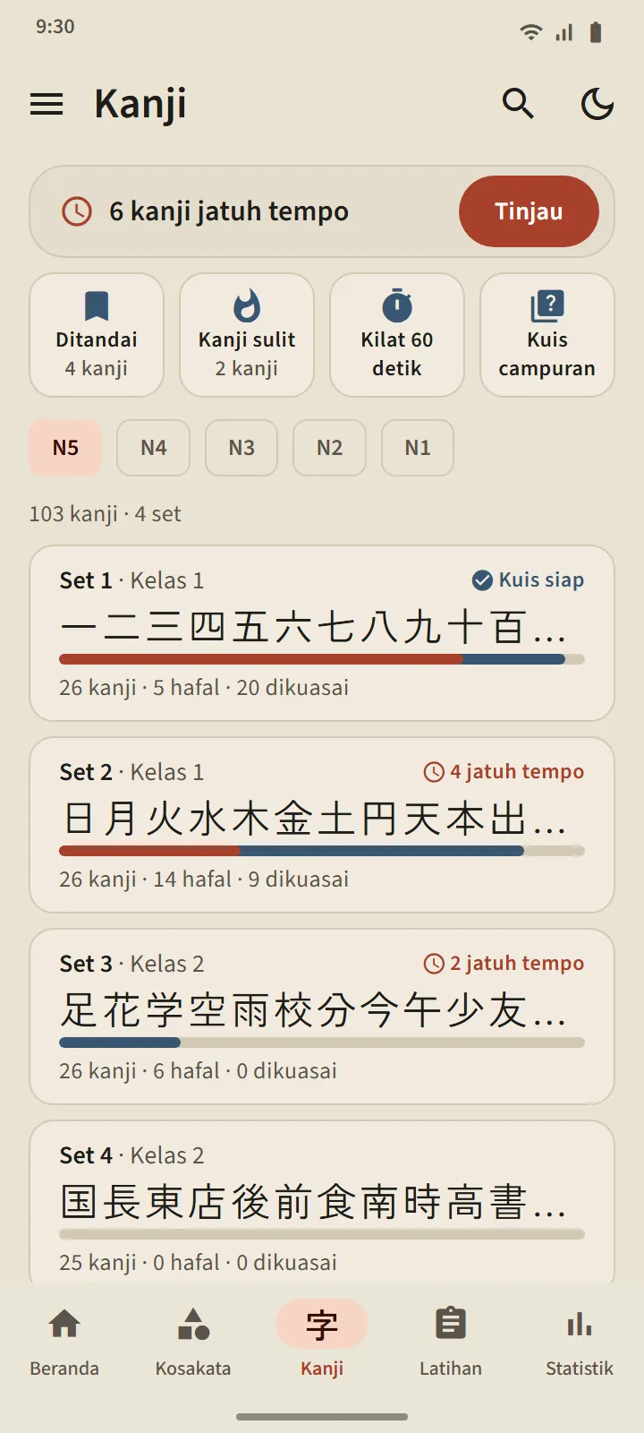 Tab Kanji level N5: set kanji dengan deretan kanjinya, bar kemajuan, jumlah hafal dan dikuasai
