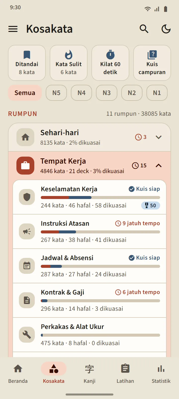 Belajar per kategori, pantau tiap kata