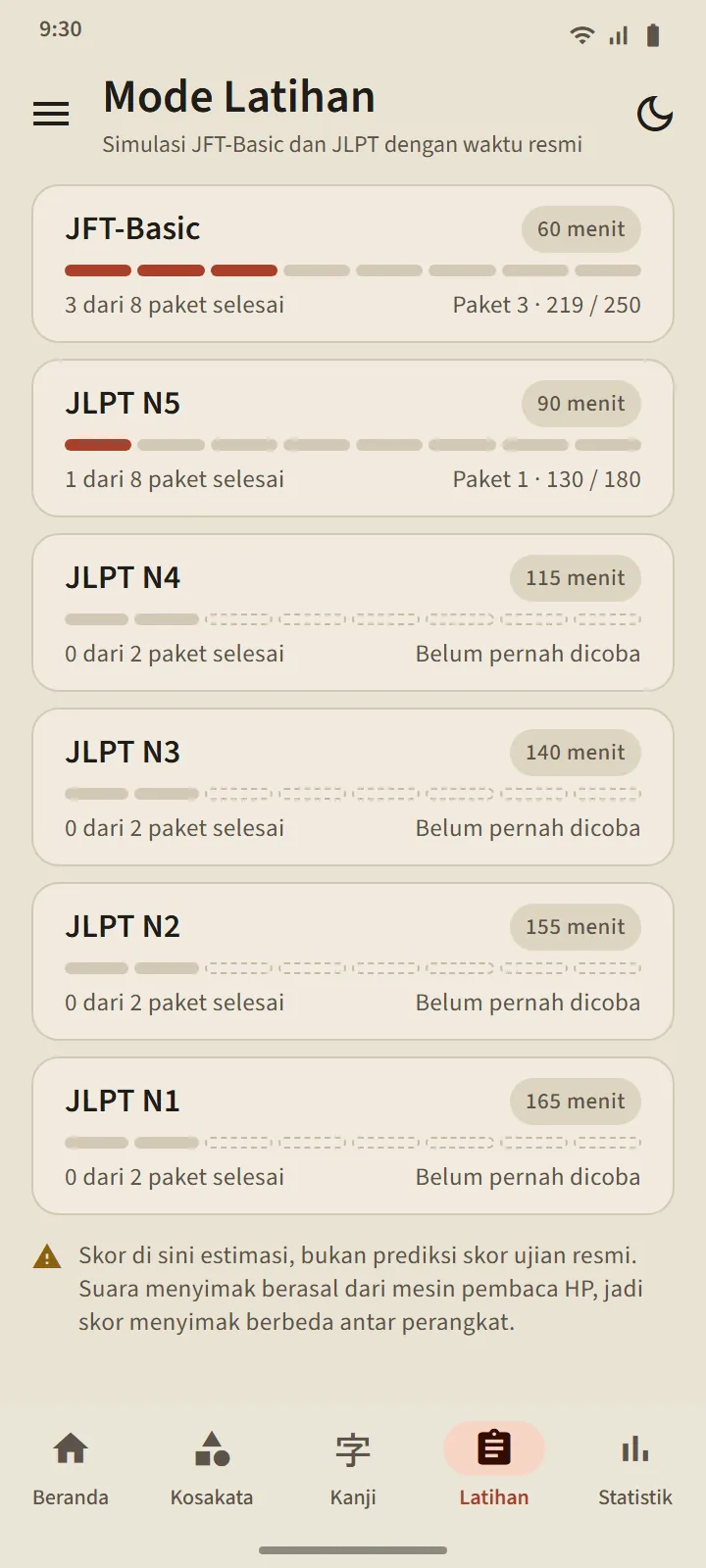 Tab Latihan: enam kartu level dari JFT-Basic 60 menit sampai JLPT N1 165 menit, dengan jumlah paket selesai