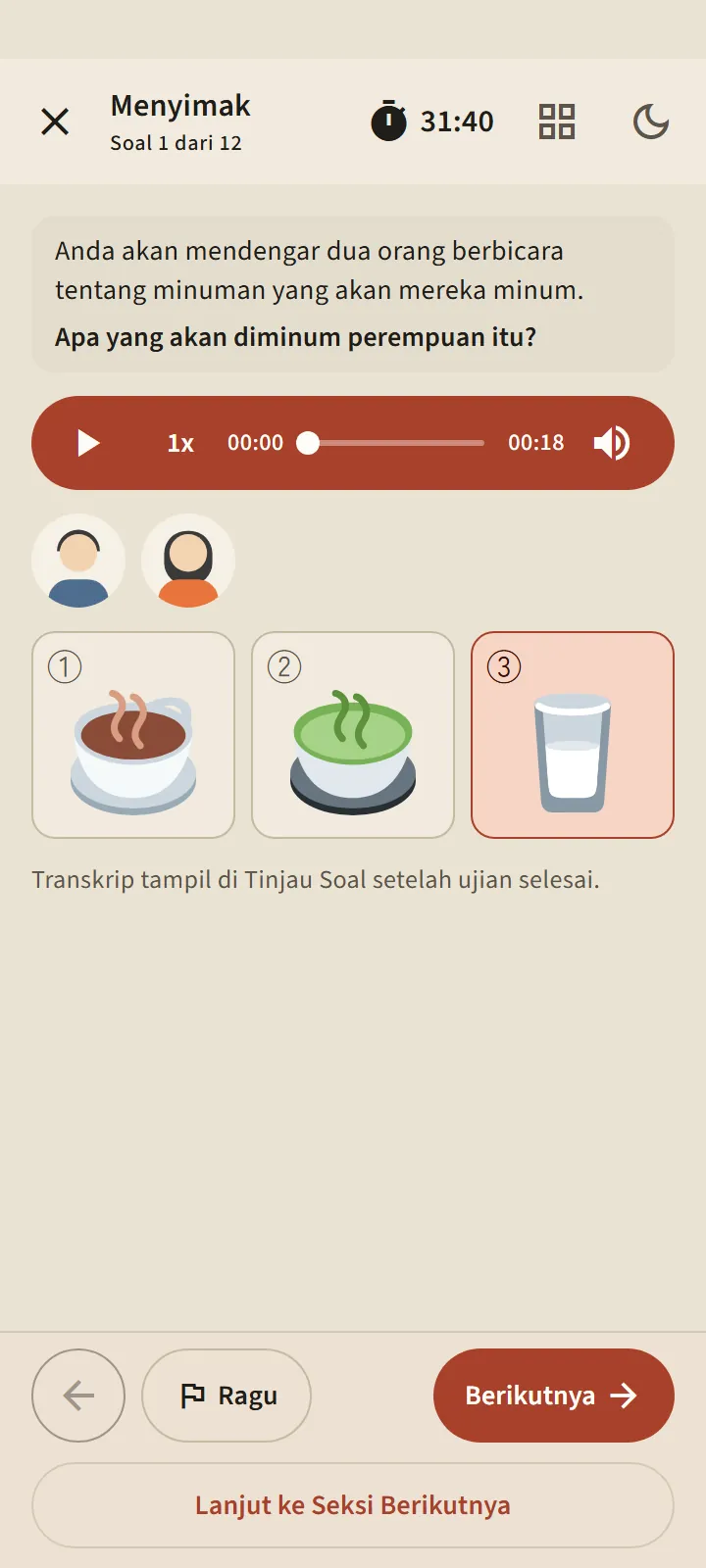 Soal menyimak dengan pemutar audio dan tiga pilihan jawaban bergambar
