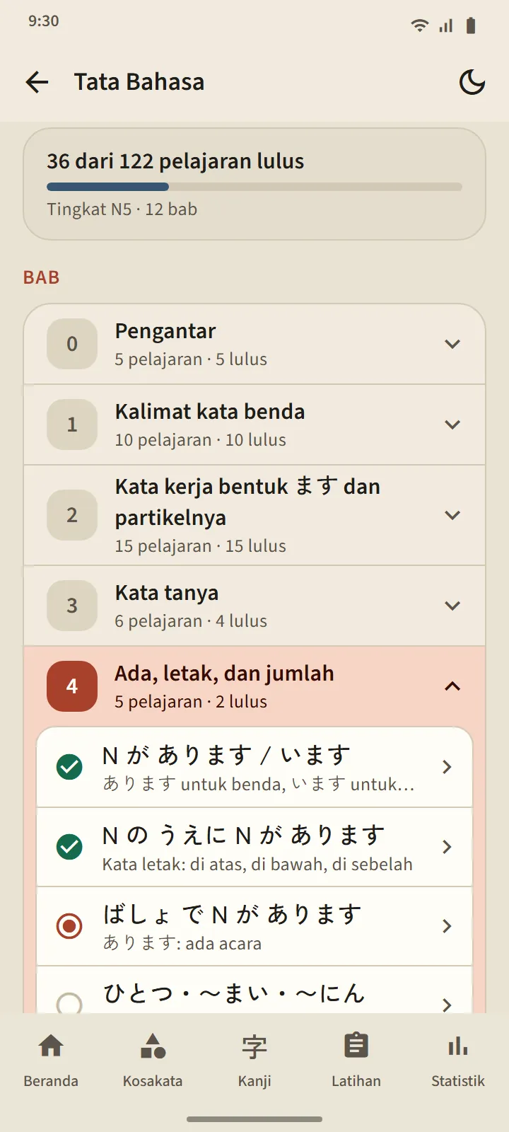 Halaman Tata Bahasa: ringkasan pelajaran lulus dan daftar bab dengan status tiap pelajaran