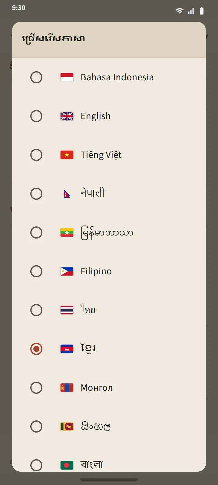 ប្រអប់ «ជ្រើសរើសភាសា» ដែលមានភាសាចំណុចប្រទាក់ដប់បី