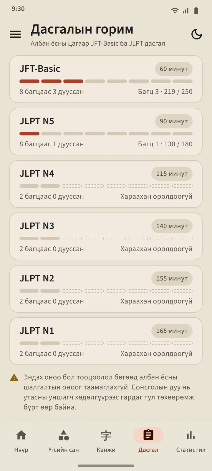 Дасгал таб: JFT-Basic-ийн 60 минутаас JLPT N1-ийн 165 минут хүртэлх зургаан түвшний карт, дуусгасан багцын тоотой