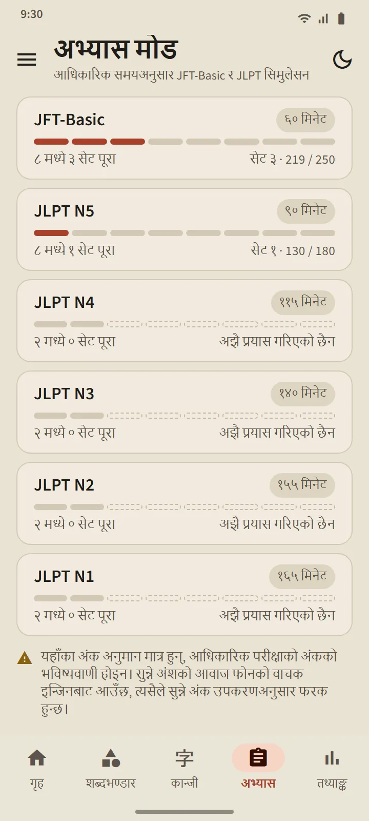 अभ्यास ट्याब: JFT-Basic 60 मिनेटदेखि JLPT N1 165 मिनेटसम्म छवटा तहका कार्ड, पूरा गरेका सेटसहित