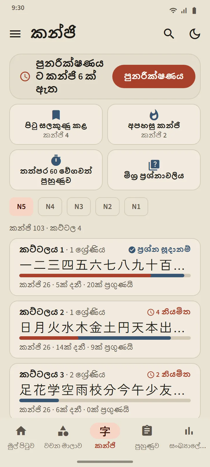 කන්ජි පටිත්ත, N5 මට්ටම: කන්ජි කට්ටල, ඒවායේ කන්ජි, ප්රගති තීරු, දන්නා සහ ප්රගුණ කළ ගණන්