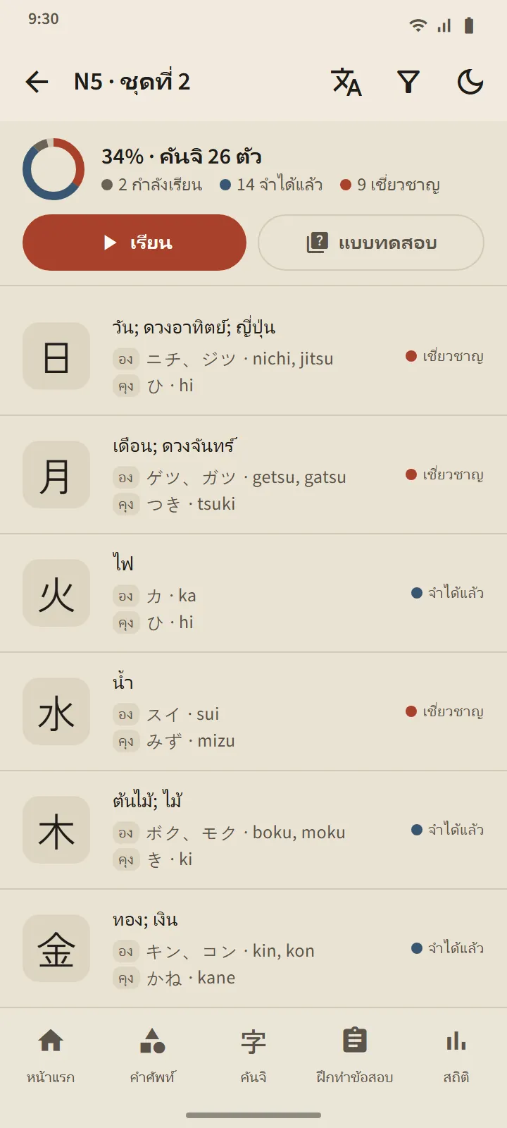 ชุดคันจิ N5 หนึ่งชุด: วงแหวนความคืบหน้า ปุ่ม “เรียน” และ “แบบทดสอบ” และรายการคันจิพร้อมความหมาย คำอ่านออนและคุน และขั้น