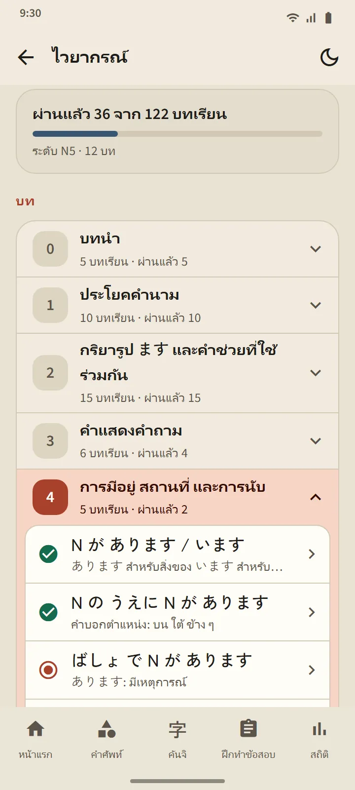 หน้าไวยากรณ์: สรุปบทเรียนที่ผ่านแล้ว และรายการหมวดพร้อมสถานะของทุกบทเรียน