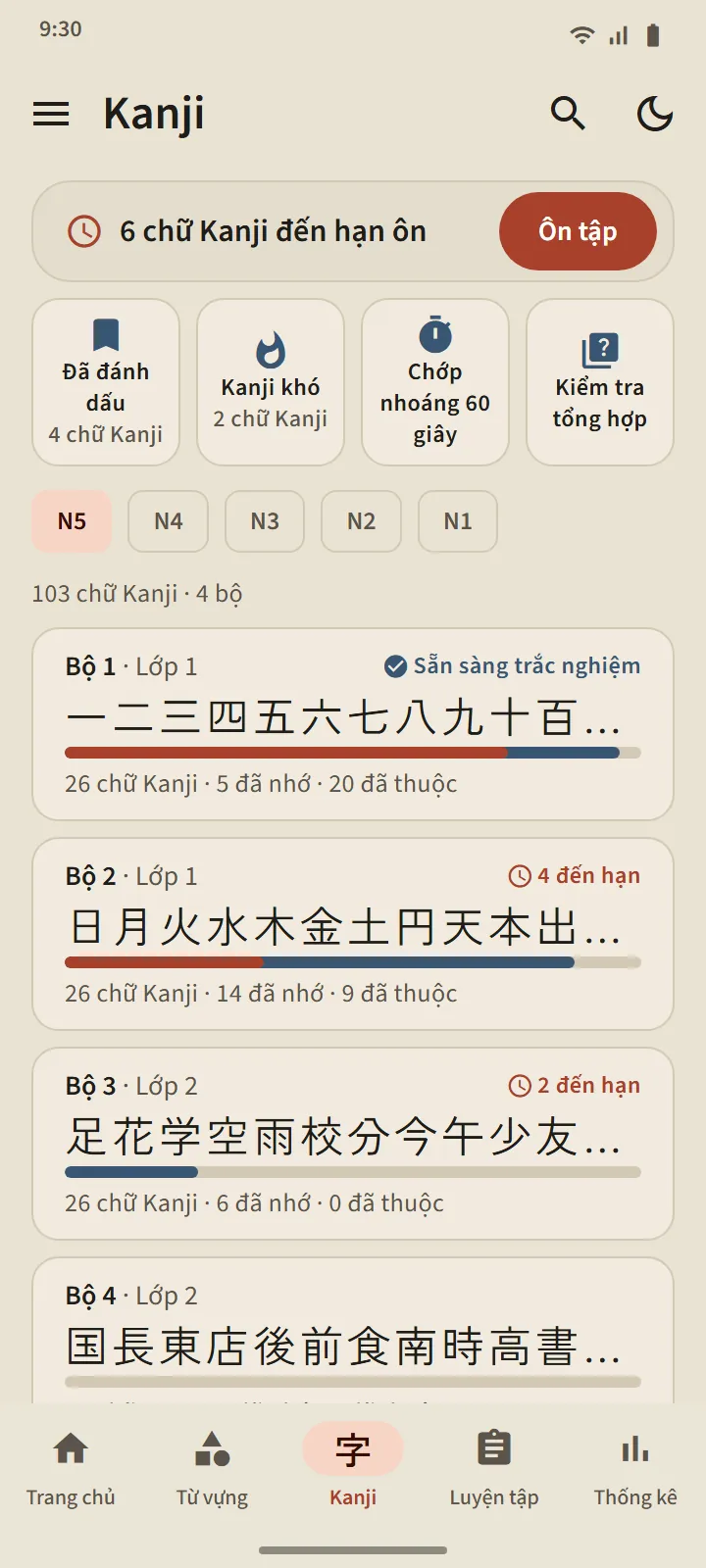Tab Kanji, cấp N5: các bộ kanji với chữ kanji, thanh tiến độ, số chữ đã nhớ và thành thạo