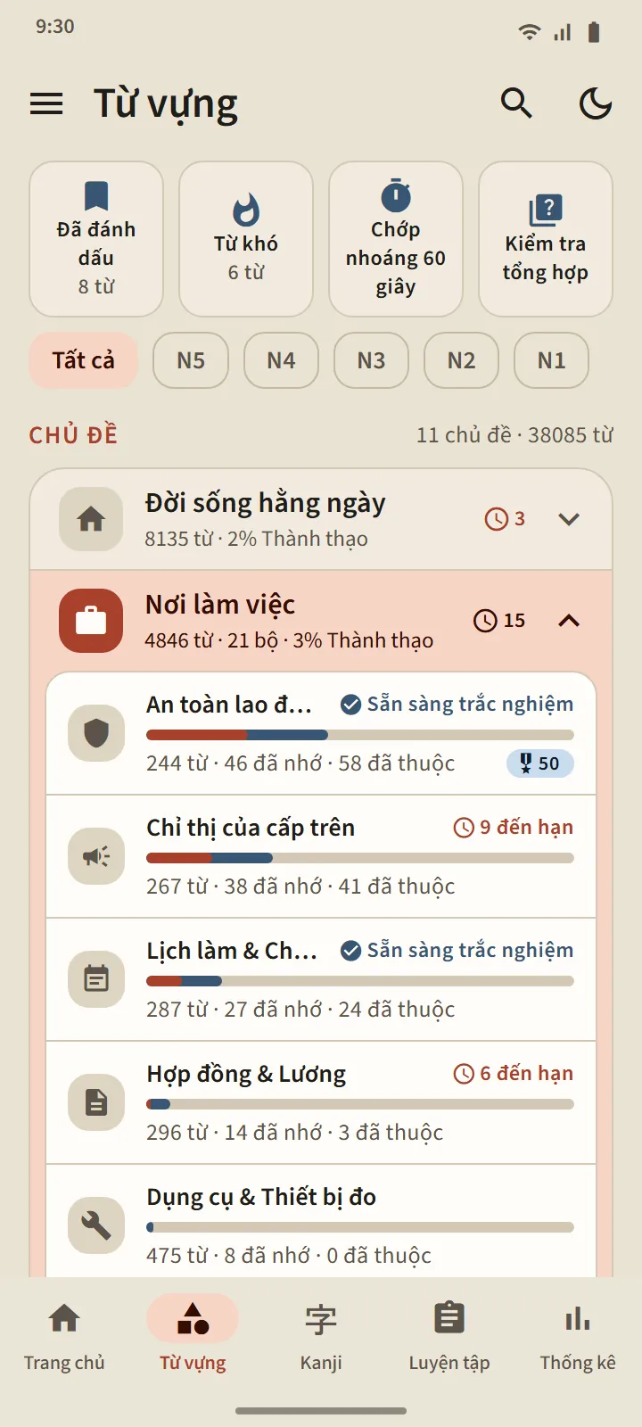 Học theo chủ đề, theo dõi từng từ