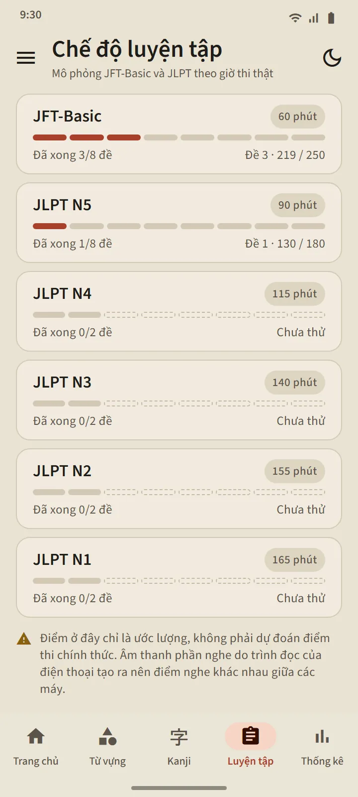 Tab Luyện tập: sáu thẻ cấp độ từ JFT-Basic 60 phút đến JLPT N1 165 phút, kèm số bộ đề đã hoàn thành