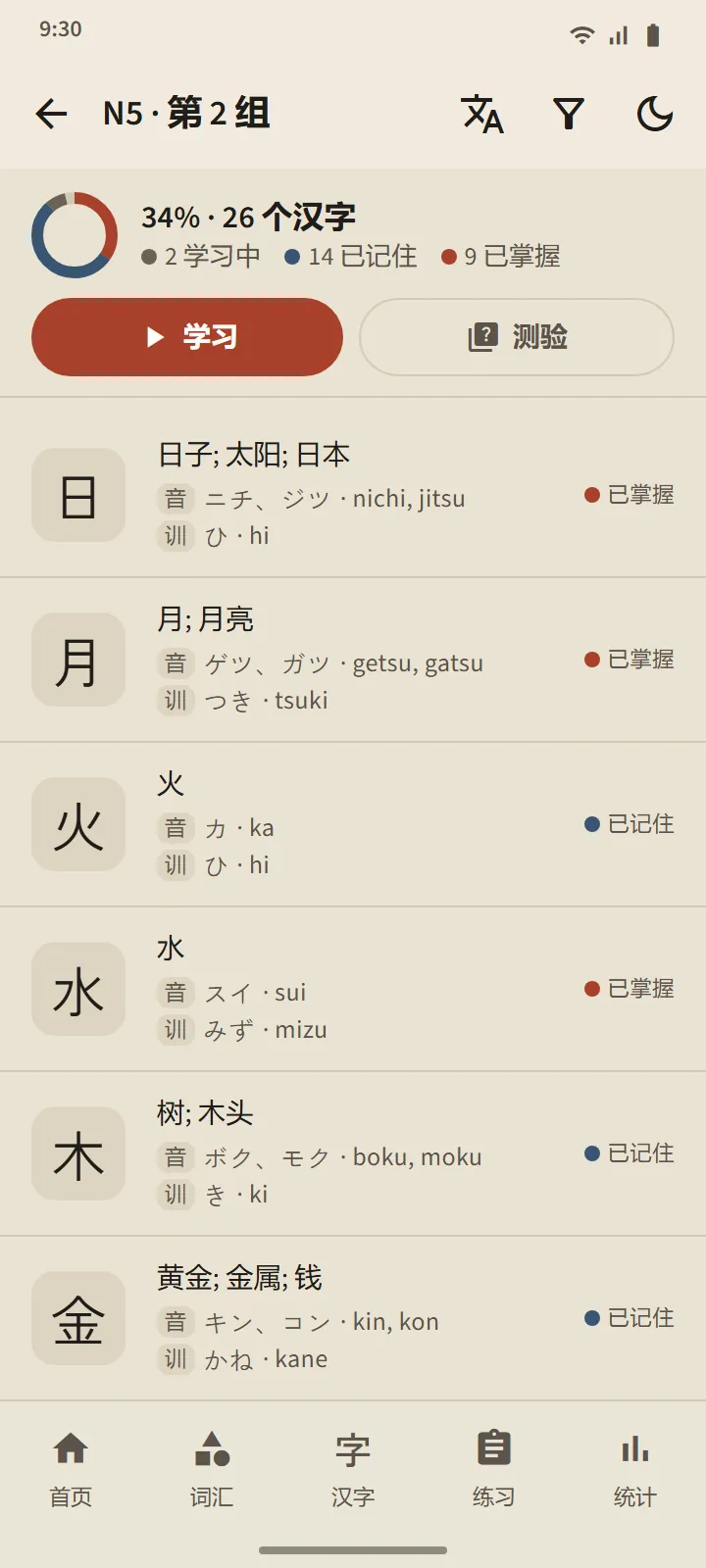 一组 N5 汉字:进度圆环、“学习”和“测验”按钮,以及列有释义、音读与训读和阶段的汉字列表