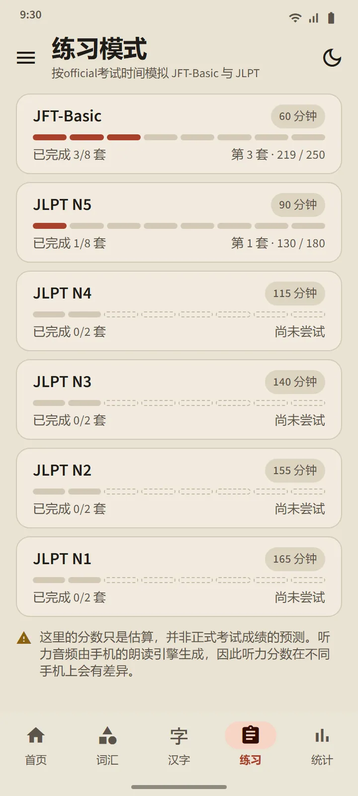 “练习”标签页:从 JFT-Basic(60 分钟)到 JLPT N1(165 分钟)的六张级别卡片,并显示已完成的套数