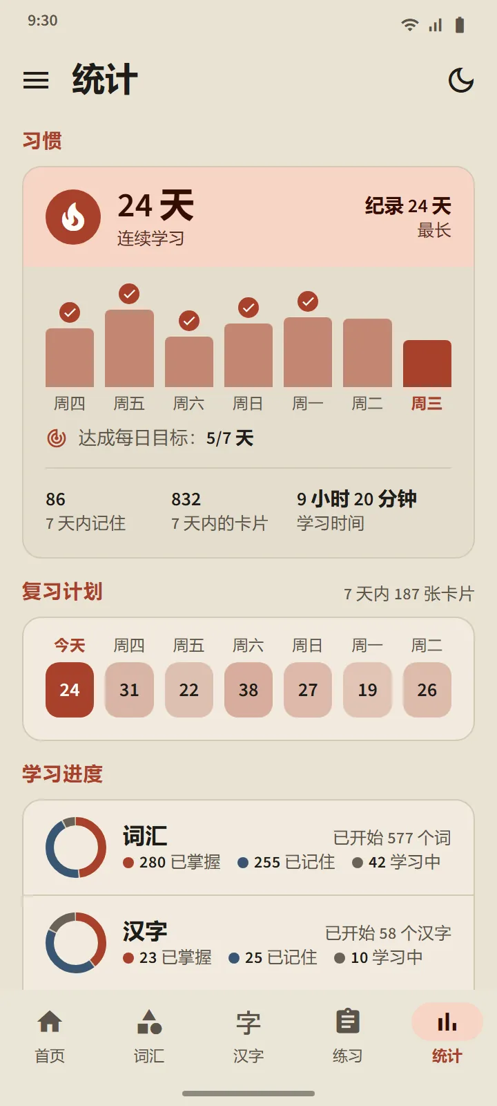 “统计”标签页:连续学习天数、七天柱状图、复习安排,以及已记住的词汇和汉字